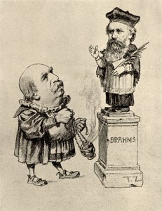 Eduard Hanslick worshipping Brahms on a pedestal