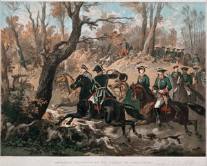 Emperor Napoleon III and his wife Eugenia de Montijo walking through the forest of Compiegne. Lithography in color around 1855. Milan Museo del Risorgimento by Unknown artist