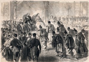 Emperor Napoleon III and Empress Eugenie de Montijo receiving the Japanese ambassadors at the Tuileries in Paris on 13 April 1862 by Unknown artist