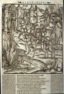 Eneide de Virgil (70 BC-19 BC), book XIII (supplementum), the Trojan hero Aeneas receives the Latins, sacrifices are made in honor of the victims of war. Xylography by Sebastian Brant (1458-1521). Strasbourg by Unknown artist