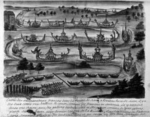 Entombment of the French ambassadors in the Siam River - in Voyages of the Kingdom of Siam, historical of 1688.