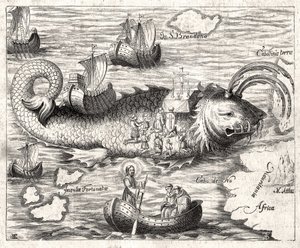 Episode of the Legend of Saint Brandan (Brendan): a fantastic journey of the Irish abbot of the 6th century in search of earthly Paradise. Print from 1621 by Unknown artist