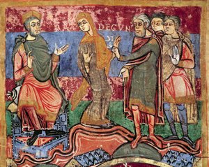 Episode of the life of Saint Radegonde (Radegundis) of Poitiers (519-587), wife of Clotaire I, king of the Franks: Radegonde is led by King Clotaire I. Miniature from an 11th century manuscript