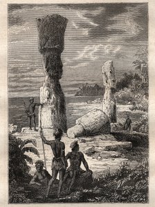 Expedition around the world (1785-1788) by Jean Francois Galaup de La Perouse: indigenes of Easter Island looking at monumental statues (Moai) - illustration taken from The Great Mariners of the 18th century by Unknown artist