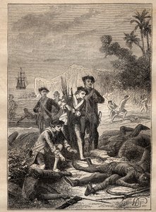 Expedition by Jean Francois de Surville (1717-1770) in the South Seas (1769-1770): the sailors of Surville gather the weapons of the indigenous people who died during the battle (New Ireland, Papua New Guinea) - illustration taken from 