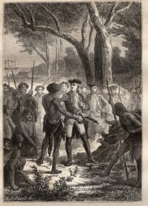 Expedition by Nicolas Thomas Marion-Dufresne (Marion Dufresne) (1729-1772): Marion debarked in Frederick Henry Bay (Tasmania) and was offered a brandon ignited by the indigenous people - illustration taken from 