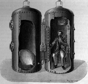 Experience on barometric pressure by the physiologist Paul Bert (1833-1886): breathing of a suroxygenic air, dilates by decreasing pressure. Engraving in 