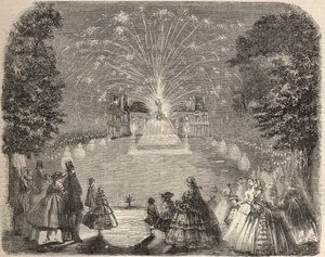 Fireworks and illumination of the castle of Maison Laffitte on the evening of the agricultural committee competition. Engraving in 