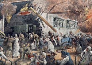 First World War: bombing of an English hospital by German squadrons, June 1918, Illustration from 