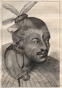 First voyage of Captain James Cook: tattooed head of a New Zealander - illustration taken from “The Great Mariners of the 18th century” by Unknown artist