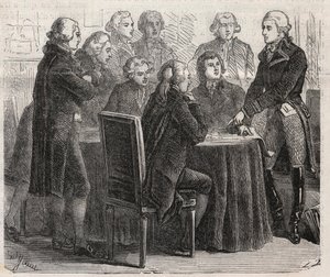 French Revolution: Count Louis Marie de Narbonne-Lara showing his plans in the committees of the assembly - Engraving In The Illustrous World
