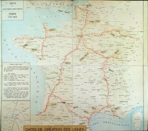 French geographic map showing air telegraphic lines. The beginning of the 19th century. Paris, Musee de la Poste