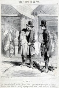 Fripier from the temple district in Paris trying to sell clothes to a man. Engraving of the 19th century by Unknown artist