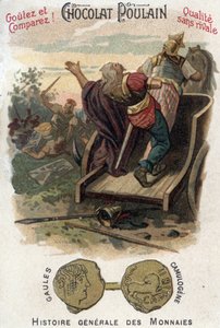 Gauls Aulerque: Battle of Lutetia between Camulogene and Labienus in 53 BC. In General History of Coins. Chromolithography of the end of the 19th century. Private collection.