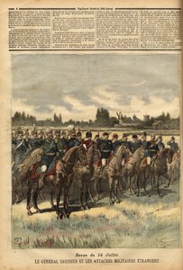 General Felix Gustave Saussier, military governor of Paris since 1884, surrounded foreign military ties, reviewed the troops during the dequeue on 14 July 1891 in the plain of the Bois de Boulogne. Engraving in 
