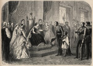 General Robert Cornelis Napier introduced Leul Alemayehou Tewodros, the son of Ethiopian negus Theodoros II, to Queen Victoria. Engraving in 