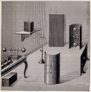 General layout of the experiments of Heinrich Hertz (1857-1894) on electric waves - in 