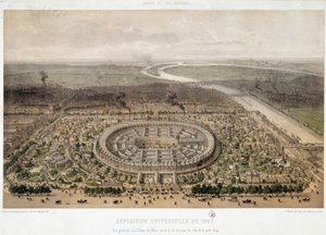 General view of the 1867 World Exposition taken from Trocadero in Paris: the Champ de Mars and the bridge of Iena crossing the Seine