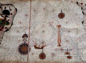 Geography: detail of a navigation map of Luis Lazare representing the islands of the Tristan da Cunha archipelago and the caravel of the explorer of the same name, off the coast of South Africa by Unknown artist