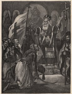 Greek War of Independence 1821 - 1829: bishop Germanos III of Old Patras blessing the flag of the fight for freedom, Agia Lavra monastery, 21th March 1821 - engraving after painting