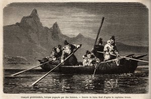 Greenland Umyak, type of boat operated by women. Engraving to illustrate the voyage to the free sea of the Arctic pole, by Doctor Hayes, surgeon of the United States Navy, in 1860-1862, published in Le tour du monde, nouveau journal des voyages, edited by by Unknown artist