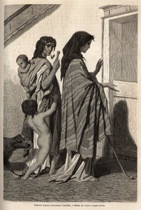 Gypsy women and children, in rags or half naked, asking for door-to-door almone in Essek (Danube basin). Engraving to illustrate the memories of travel among the southern Slavs, by Georges Perrot, in 1868, published in Le tour du monde 1870-1871, edited by by Unknown artist