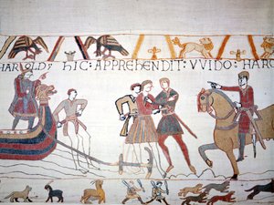 Harold II landed in Normandy where he was captured by William I the Conqueror. Bayeux tapestry, known as Embroidery of Queen Mathilde. by Unknown artist