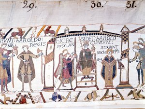 Harold II (1022 - 1066) was proclaimed king at the death of Edward the Confessor in 1066 but soon died at the Battle of Hastings. Bayeux tapestry or Embroidery by Queen Mathilde. by Unknown artist