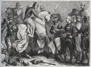 Henry III (Henry III Plantagenet of England) (1207-1272) is captured by Simon V of Montfort (ca. 1208-1265) at Lewes in Sussex 1264 - engraving 1864 by Unknown artist