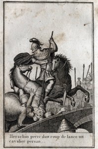 Heraclius I (Flavius Heraclius, Herakleios (circa 575-610/641), Byzantine emperor, spears a Persian horseman (war against the Persians), 7th century. Engraving in Beaute de l