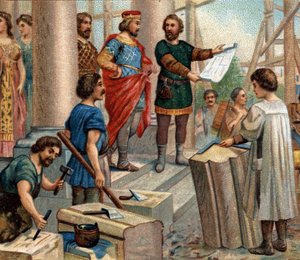 Historical episodes of famous cities: Clovis elects Paris as permanent residence (in 508). Chromolithography of the 19th century by Unknown artist