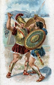 History of the life of Achilles, legendary hero of the Trojan War: Achilles fighting Hector to avenge the death of Patroclus. Chromolithography of 1890 by Unknown artist