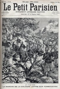 In the French colonies: the march of the column of General Joseph Joffre and his army of spahis on Timbuktu (Mali). Engraving in 
