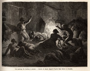 Inside a Caribou Inn (Canada), at midnight, intoxicated trappers and miners sing, then fall to the ground, or fall asleep in a blanket. Engraving to illustrate the voyage from the Atlantic to the Pacific (route du nord ouest par les terres), in 1862-1864