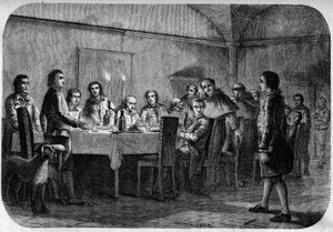 James Boswell received during a meeting at a meal given by Pascal Paoli. In “Pasquale Paoli ossia la rotta di Pontenuovo” by F.D. Guerrazzi. 1872 by Unknown artist