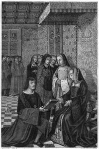 Jean Marot, poet, offering a volume of poetry to Queen Anne of France. Engraving of the 19th century by Unknown artist