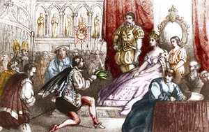 Jean Nicot presenting the tobacco plant to Catherine de Medicis and to the Grand Prior of the House of Lorraine. 16th century. Engraving of the 19th century by Unknown artist