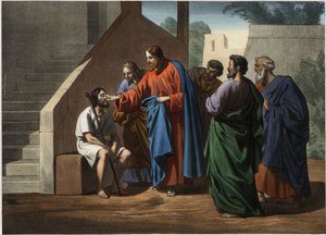 Jesus heals the man born blind (Anonymous engraving from the middle of the 19th century)