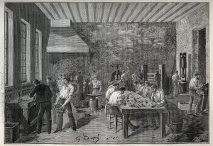Jewellery: steel jewelry factory. Engraving from 1885 in 
