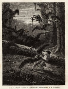 Job (travel companion of the redactor), attacked by vultures. Engraving to illustrate the story Quatre mois en Florida, by M. Pousselgue, in 1851-1852, published in 
