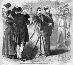 Journey of Emperor Napoleon III and his wife Eugenie de Montijo to the Duchy of Savoy following the annexation of the Count of Savoy: the imperial couple walk through the streets of Grenoble. Engraving from 