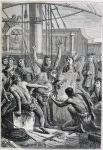 Journey of Samuel Wallis to Polynesia: indigenous astonished by a mirror - illustration taken from “The Great Mariners of the 18th century” by Unknown artist