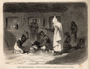 Kabyl artisans reputed for their skill in making jewelry and weapons (and formerly in counterfeit currency) in the Djura region (Algeria). Engraving to illustrate the excursion to the great Kabilie, between the Mediterranee and the Djurjura, in 1864, by th