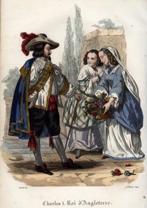 King Charles I of England seducing young women. Engraving from 1842 in Histoire des popes by Maurice Lachatre. Private collection.