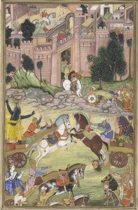 Krishna Kills the Demon Sri Gala (Scene from the Harivamsa). Around 1585-95 by Unknown