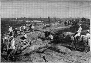 La pose des rails du chemin de fer Transcapien. Engraving in the journal La jeunesse by Unknown artist