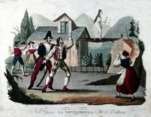 Last scene of Act II of “La Sonnambula” by Vincenzo Bellini. Engraving from 1835 by Unknown artist