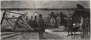 The sewers of Paris: a flushing boat used for cleaning the collector sewer - Engraving from Le Monde Illustré by Unknown artist