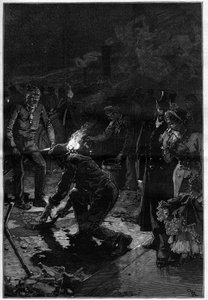 Workers laying asphalt near the Theatre Francais in the streets of Paris and working on the site at night. Engraving in 