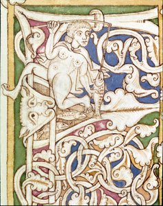 Lettrine P decorated with the representation of a woman fishing a fish